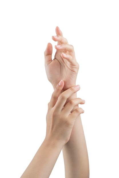 Young woman's hands touching each other with white background and copy space