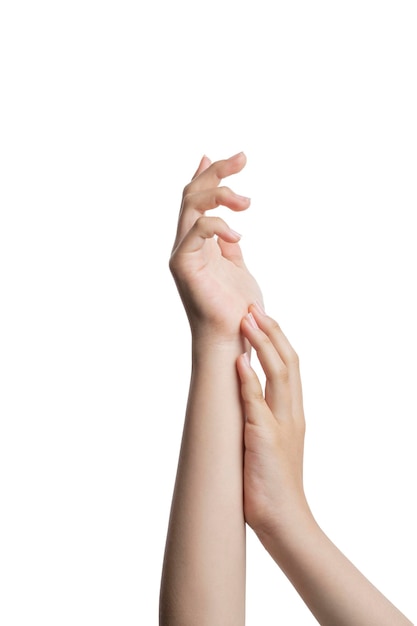 Young woman's hands touching each other with white background and copy space