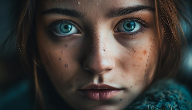 Young woman sadness reflected in blue eyes generated by AI