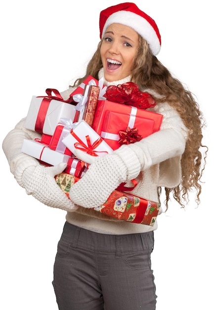 Young Woman In Santa Hat Holding Presents - Isolated