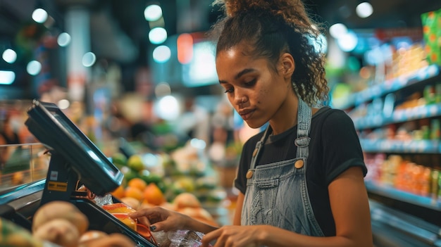 Young woman scanning a barcode with her phone in a supermarket Smart shopping tools