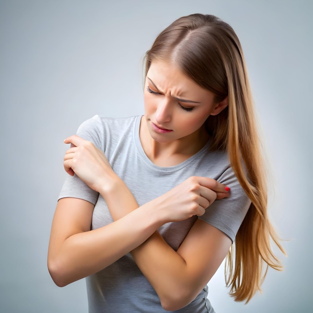 Photo young woman scratching arm from having itching