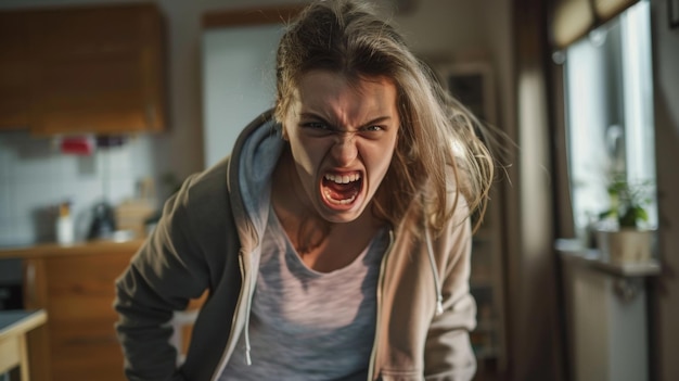 A young woman screaming in frustration displaying intense anger in a domestic setting with a fierce