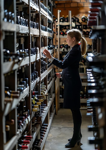 Photo young woman selecting wine in a wine cellar