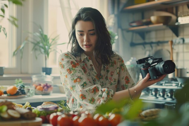 Photo a young woman sets up a camera to record a food video vlog