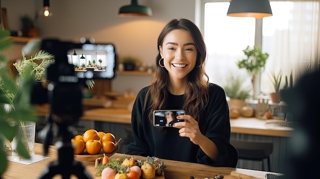 A young woman sets up a camera to record a video of herself talking about healthy eating