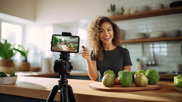 A young woman sets up a camera to record a video of herself talking about healthy eating