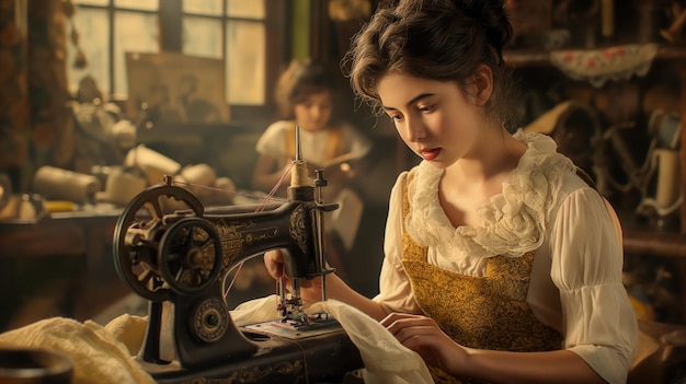 Young Woman Sewing with Vintage Machine in Cozy Workshop