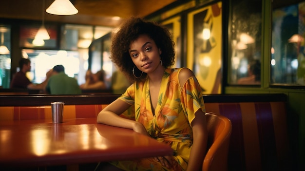 A young woman in sexy clothing is seated in a restaurantxA