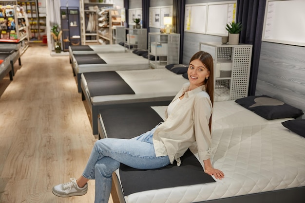 Young woman shopper choosing new bed at modern furniture showroom