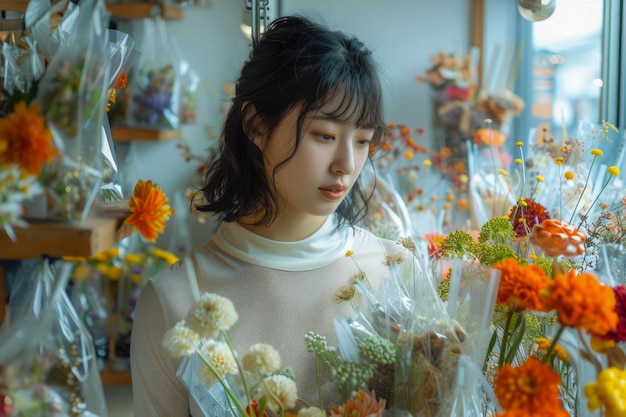 Young Woman Shopping for Fresh Flowers in a Florists Shop Surrounded by a Variety of Colorful