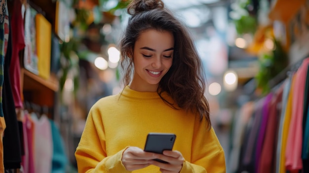 Photo young woman shopping with smartphone