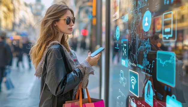 Photo young woman shops with tech interacts with digital marketing billboard