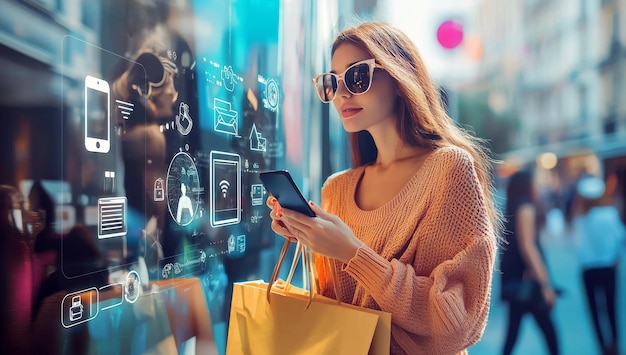 Photo young woman shops with tech interacts with digital marketing billboard