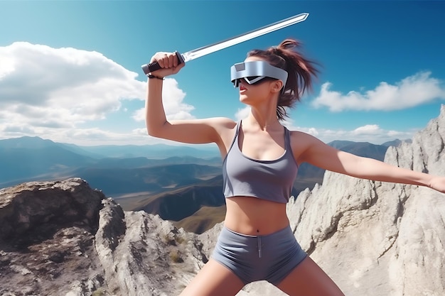 A young woman in a short top shorts and VR glasses fights in a virtual game