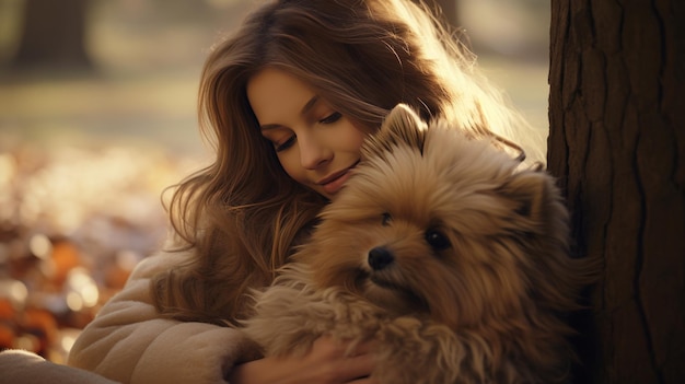 Photo young woman showing affection as she cuddles her canine companion in a peaceful park setting