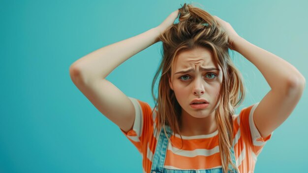 Photo young woman showing frustration with hands on head standing against a solid studio background