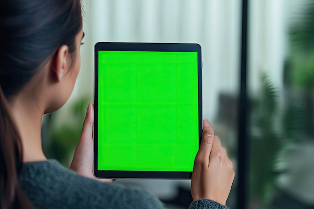 Young woman showing tablet with vertical green screen on camera