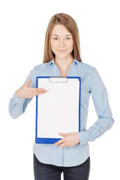 Young woman showing with the blank page of clipboard isolated on white background business and lifestyle concept