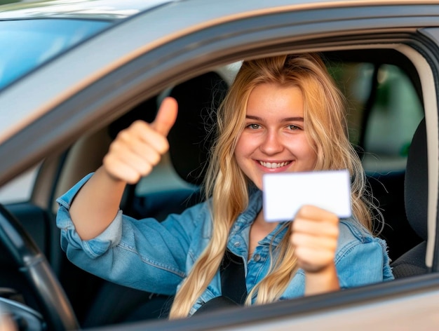 Photo young woman shows her drivers license with a thumbs up from car