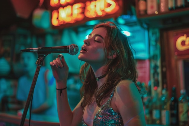 Photo young woman singing at a karaoke night perfect for music events and promotions