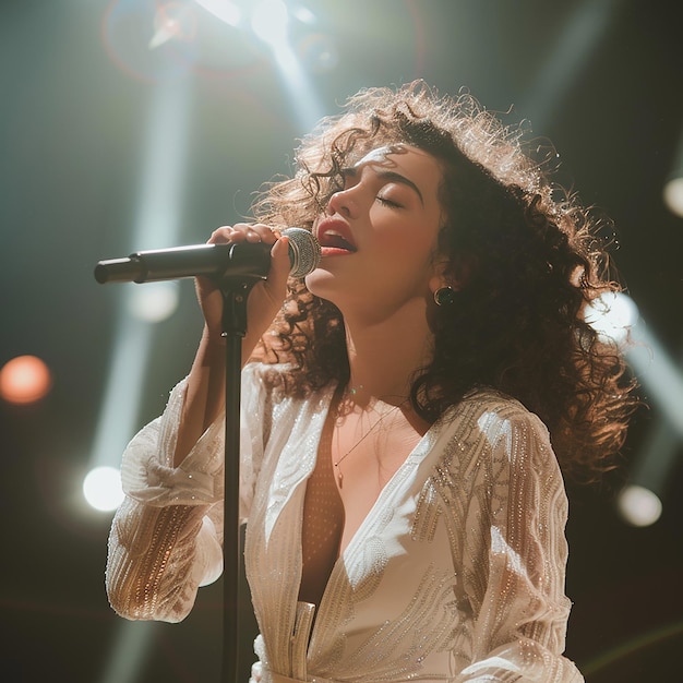 Young woman singing with microphone indoor Attractive young female singing with closed eyes