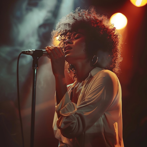 Young woman singing with microphone indoor Attractive young female singing with closed eyes