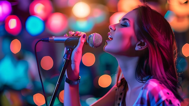 A young woman sings into a microphone with a blurred background of colorful lights She is wearing a casual outfit and has her eyes closed