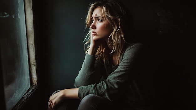 Photo a young woman sits by a window looking sad and contemplative