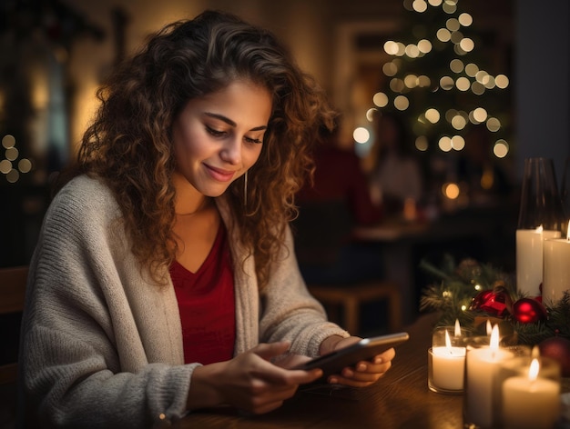 A young woman sits at the Christmas table and looks at her phone