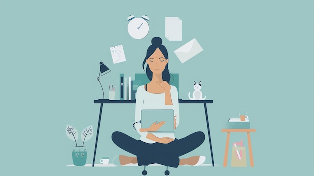 A young woman sits crosslegged on the floor in front of her desk using her laptop