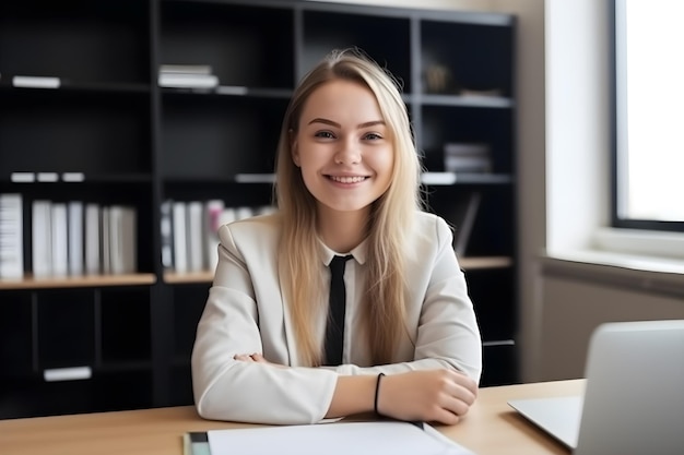 A young woman sits at a desk in an office, smiling and looking at the camera.