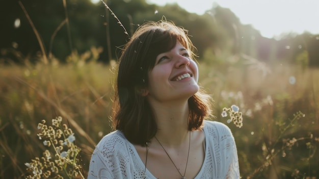 Photo a young woman sits in a meadow gazing up with a serene smile as sunlight filters through the trees casting a gentle glow over the flowery landscape