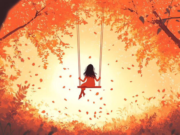 Photo a young woman sits on a swing beneath autumn leaves enjoying the peaceful sunset