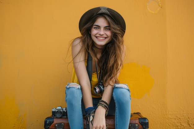 A young woman sits on top of her suitcase while smiling against an isolated solid color background