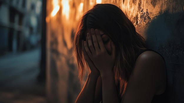 A young woman sits with her head in her hands looking sad