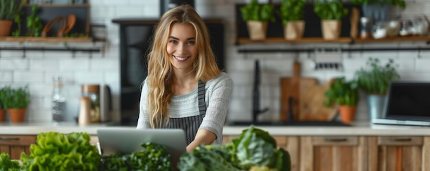 Young Woman Sits With A Laptop At A Table In The Kitchen Surrounded By Greens And Vegetables