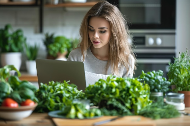 Young Woman Sits With A Laptop At A Table In The Kitchen Surrounded By Greens And Vegetables