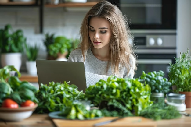 Young Woman Sits With A Laptop At A Table In The Kitchen Surrounded By Greens And Vegetables