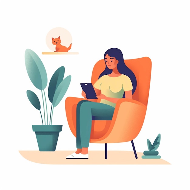 Young woman sitting in armchair and using tablet computer Flat style vector illustration