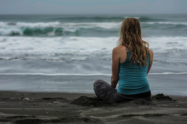 A young woman sitting on the beach looking at the sea