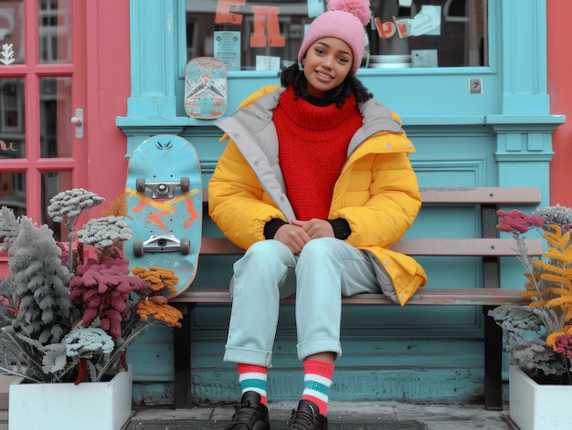 Photo young woman sitting on bench smiling and posing for camera