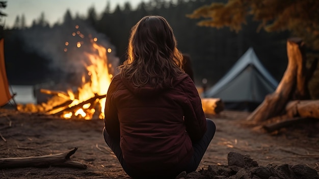 Young woman sitting by the campfire in the forest