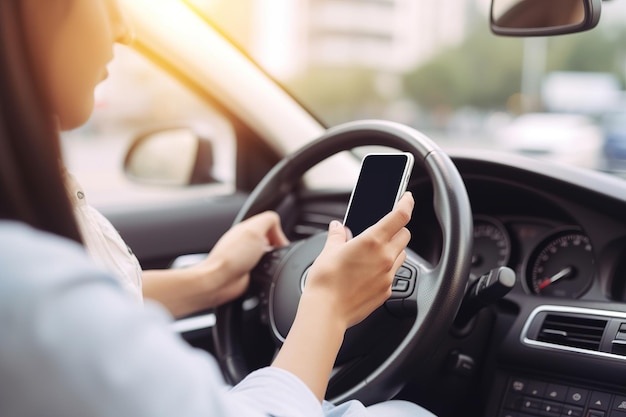 Young woman sitting in a car and navigating on a smartphone Generative ai