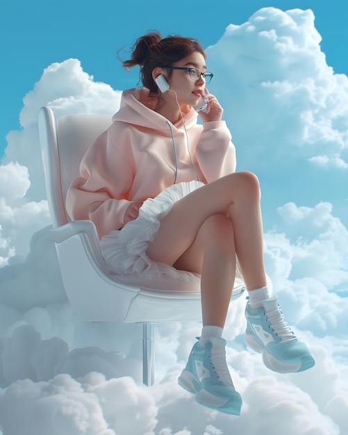 Young Woman Sitting on Chair Among Clouds Generative Ai