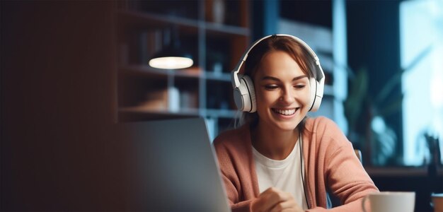 A young woman sitting in her cozy office space with headphones fully immersed in her computer work Calm relaxed woman wearing headphones listening to chill out music for relaxation AI generative