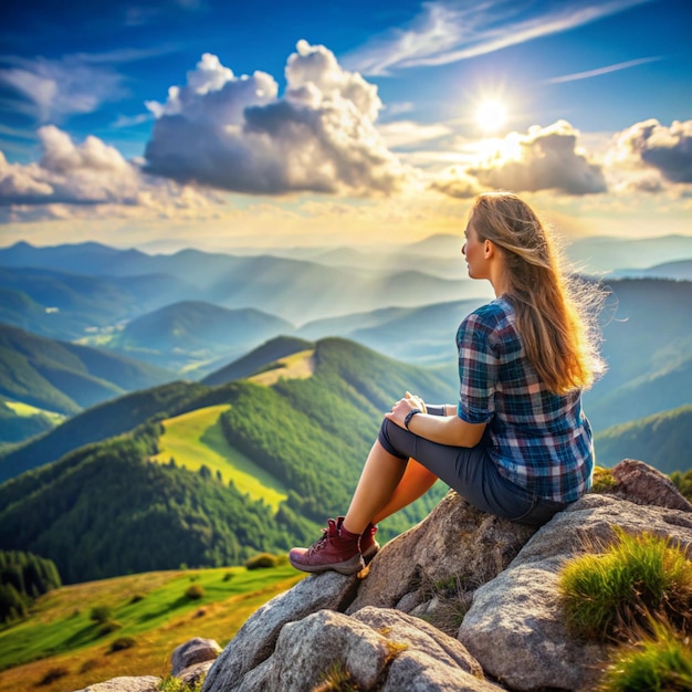 Young woman sitting on the hill of high mountains