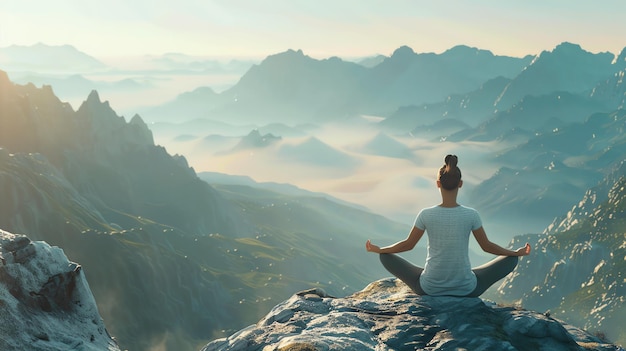 Young woman sitting in lotus pose on a mountaintop looking out at the view She is wearing a white shirt and gray pants and her hair is in a bun