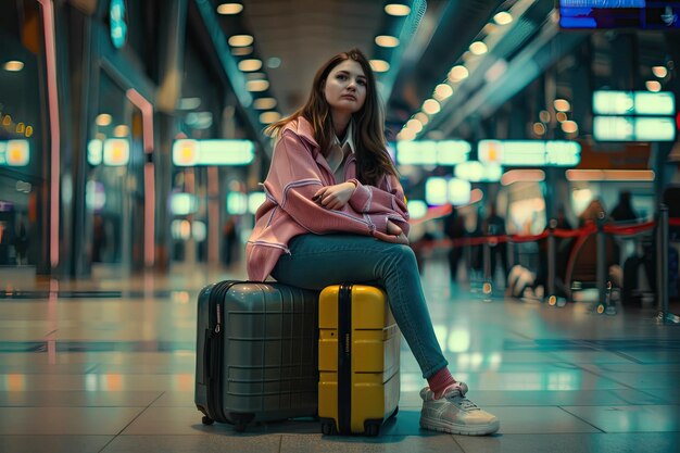 Young Woman Sitting on Luggage in Airport Terminal