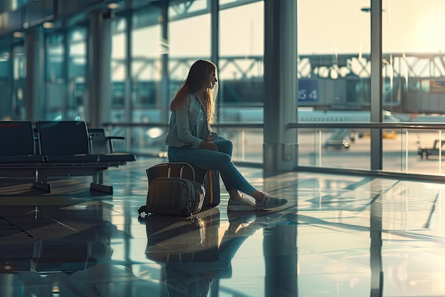 Young Woman Sitting on Luggage in Airport Terminal